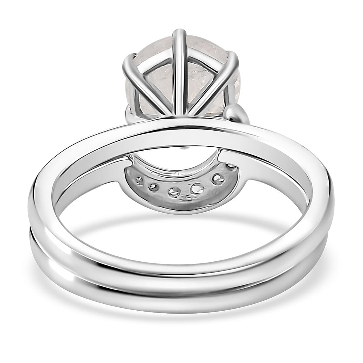Moon Glow Moonstone and White Zircon Set of 2 Stackable Half Moon Ring in Rhodium Over Sterling Silver (Size 5.0) 2.00 ctw