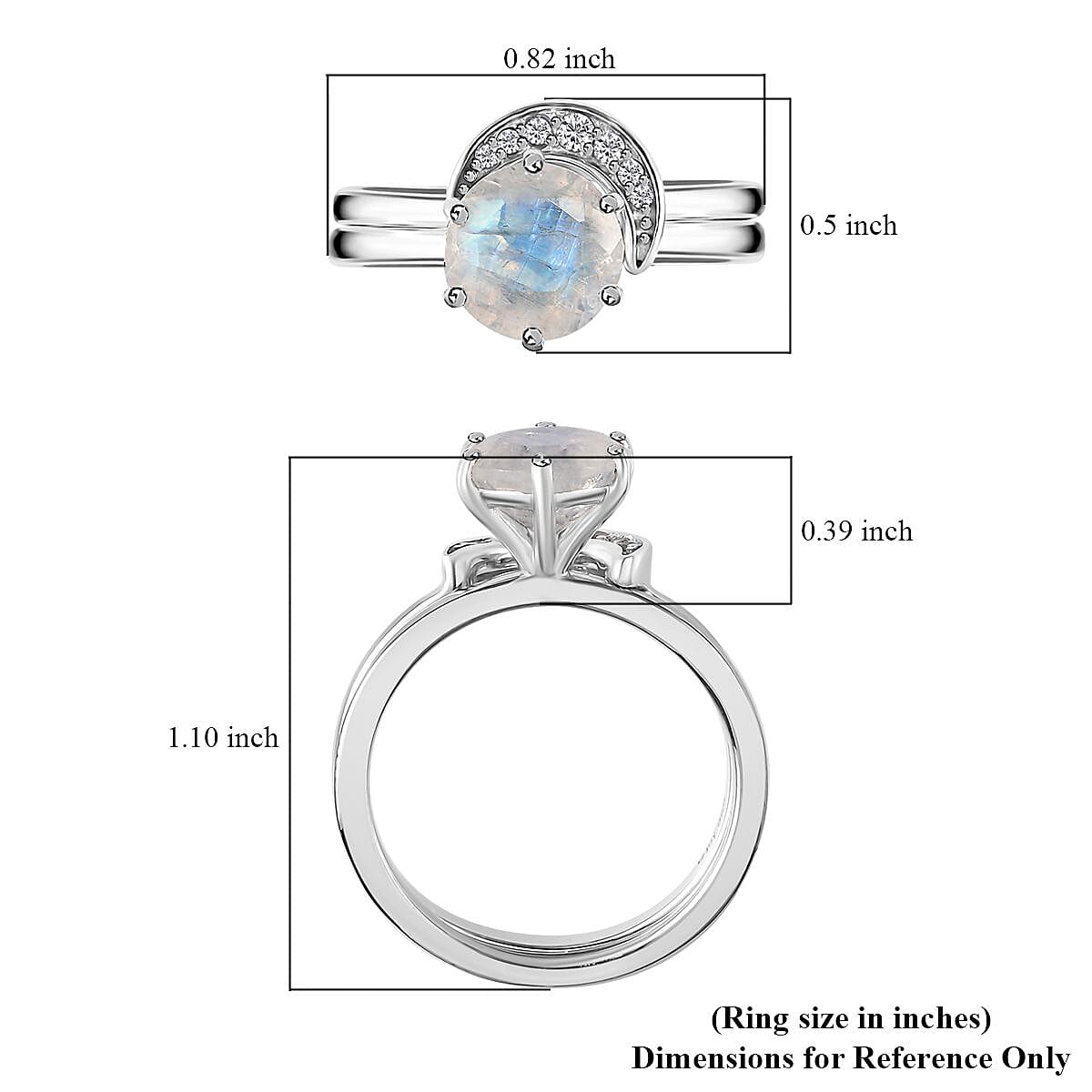 Moon Glow Moonstone and White Zircon Set of 2 Stackable Half Moon Ring in Rhodium Over Sterling Silver (Size 5.0) 2.00 ctw