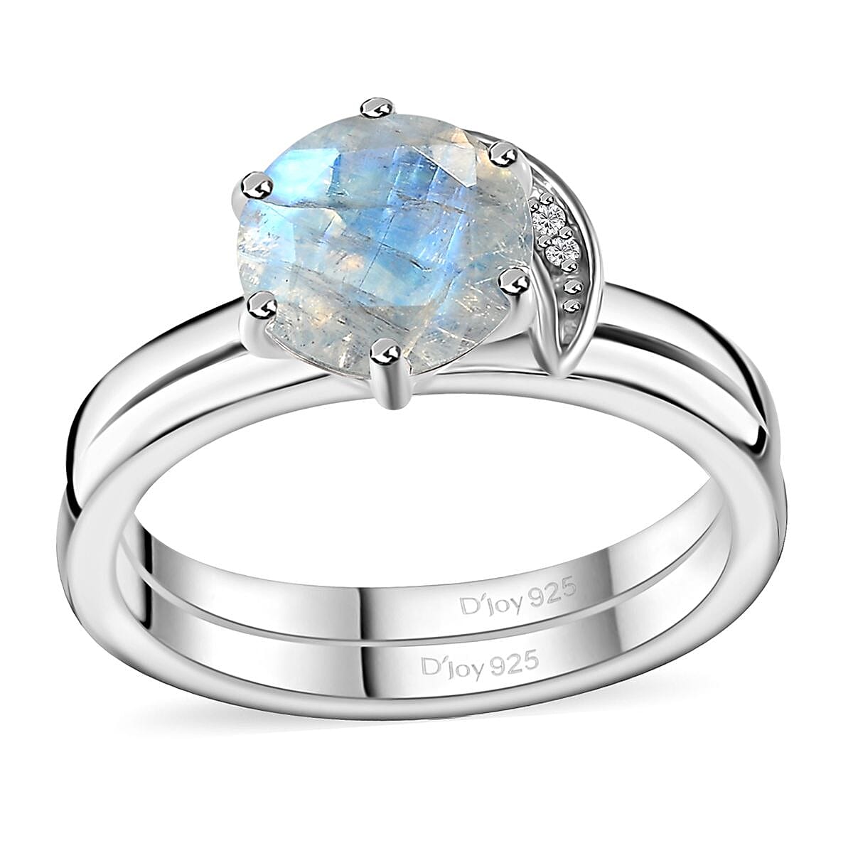 Rainbow Moonstone Set of 2 Stackable Ring in Rhodium Over Sterling Silver 2.00 ctw