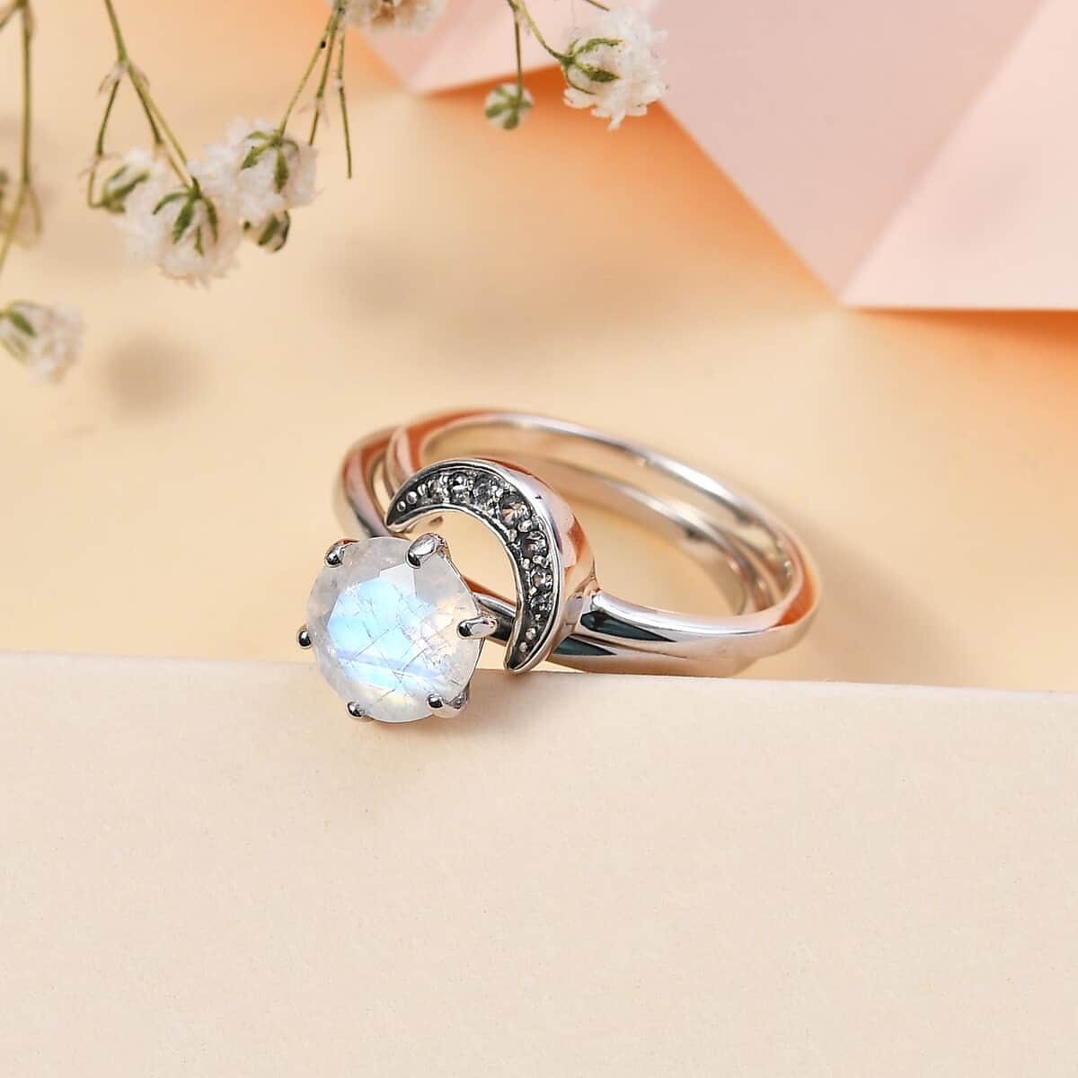 Moon Glow Moonstone and White Zircon Set of 2 Stackable Half Moon Ring in Rhodium Over Sterling Silver (Size 7.0) 2.00 ctw image number 1