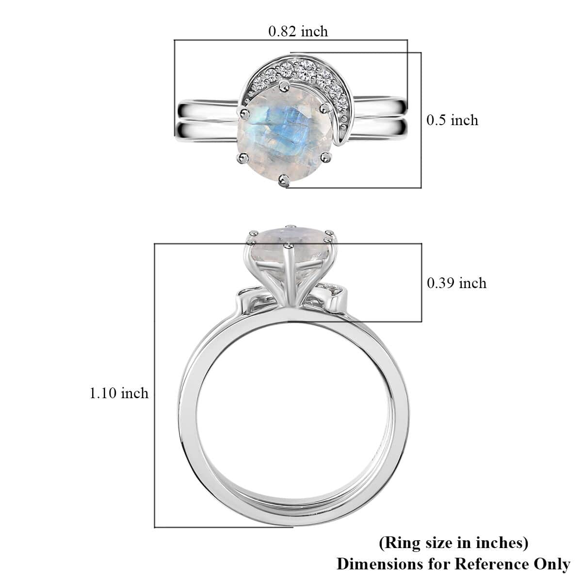 Moon Glow Moonstone and White Zircon Set of 2 Stackable Half Moon Ring in Rhodium Over Sterling Silver (Size 7.0) 2.00 ctw image number 6