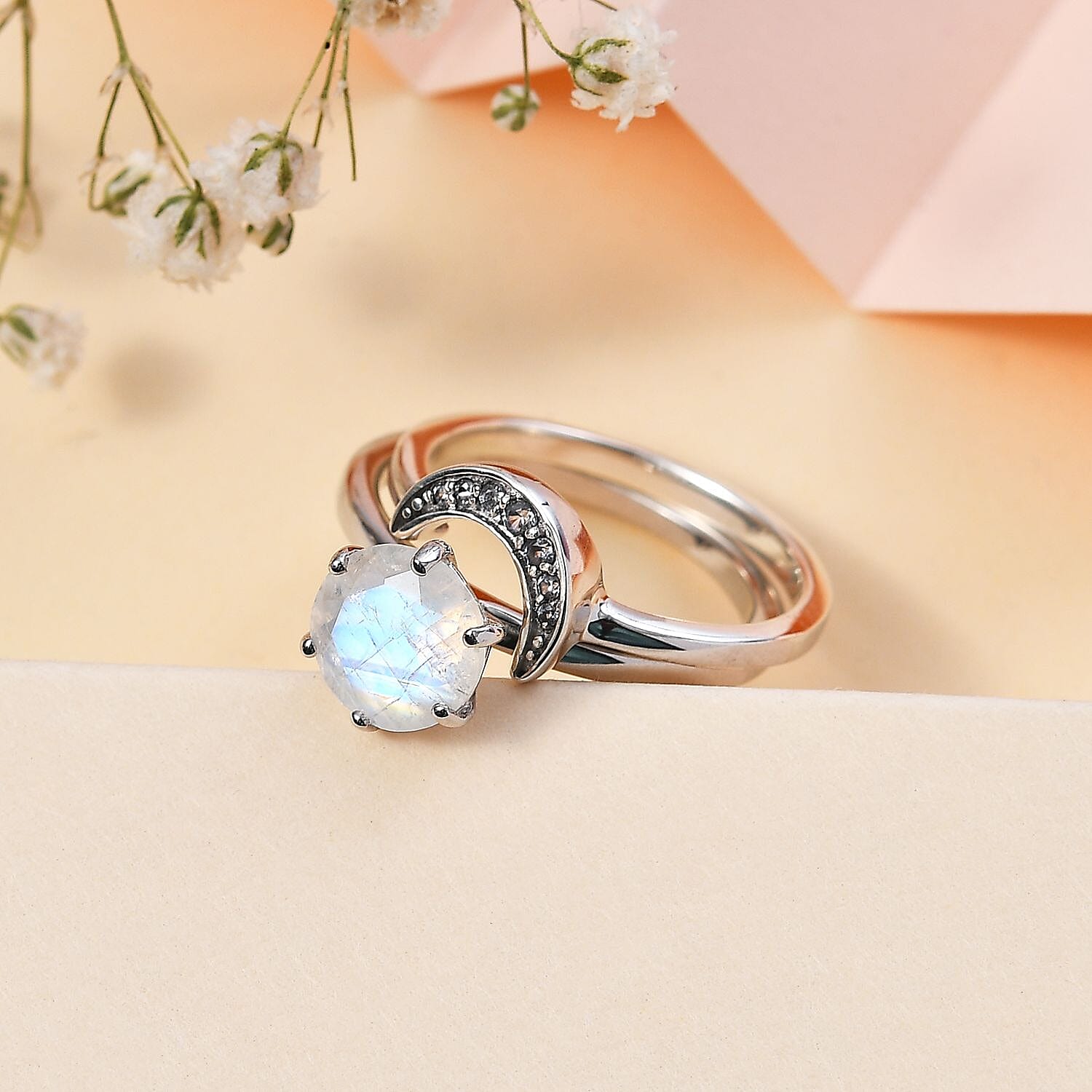 Buy Moon Glow Moonstone and White Zircon Set of 2 Stackable