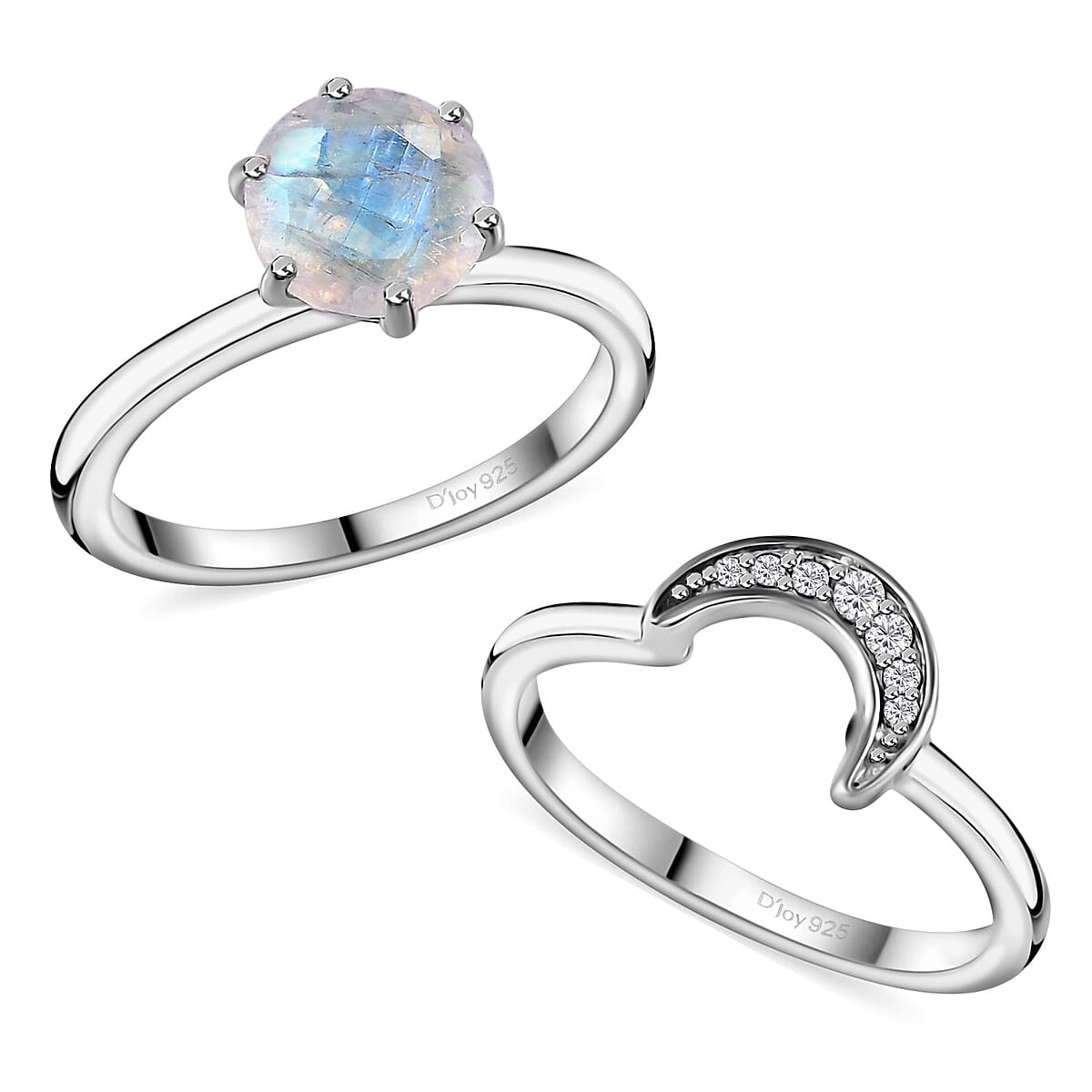 Moon Glow Moonstone and White Zircon Set of 2 Stackable Half Moon Ring in Rhodium Over Sterling Silver (Size 10.0) 2.00 ctw image number 3