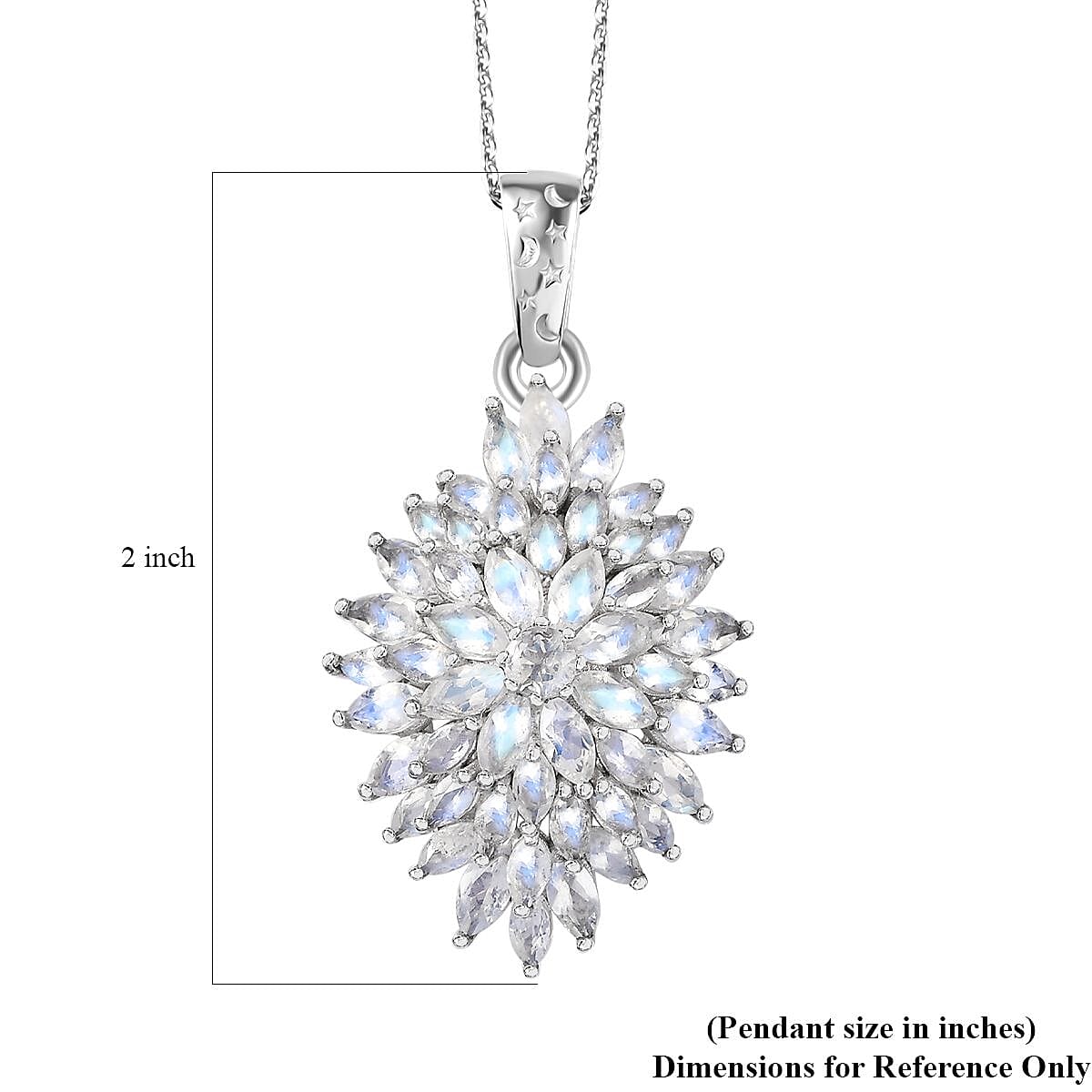 Moon Glow Moonstone Dahlia Floral Sparkle, Star and Moon Pendant Necklace 20 Inches in Rhodium Over Sterling Silver 4.85 ctw