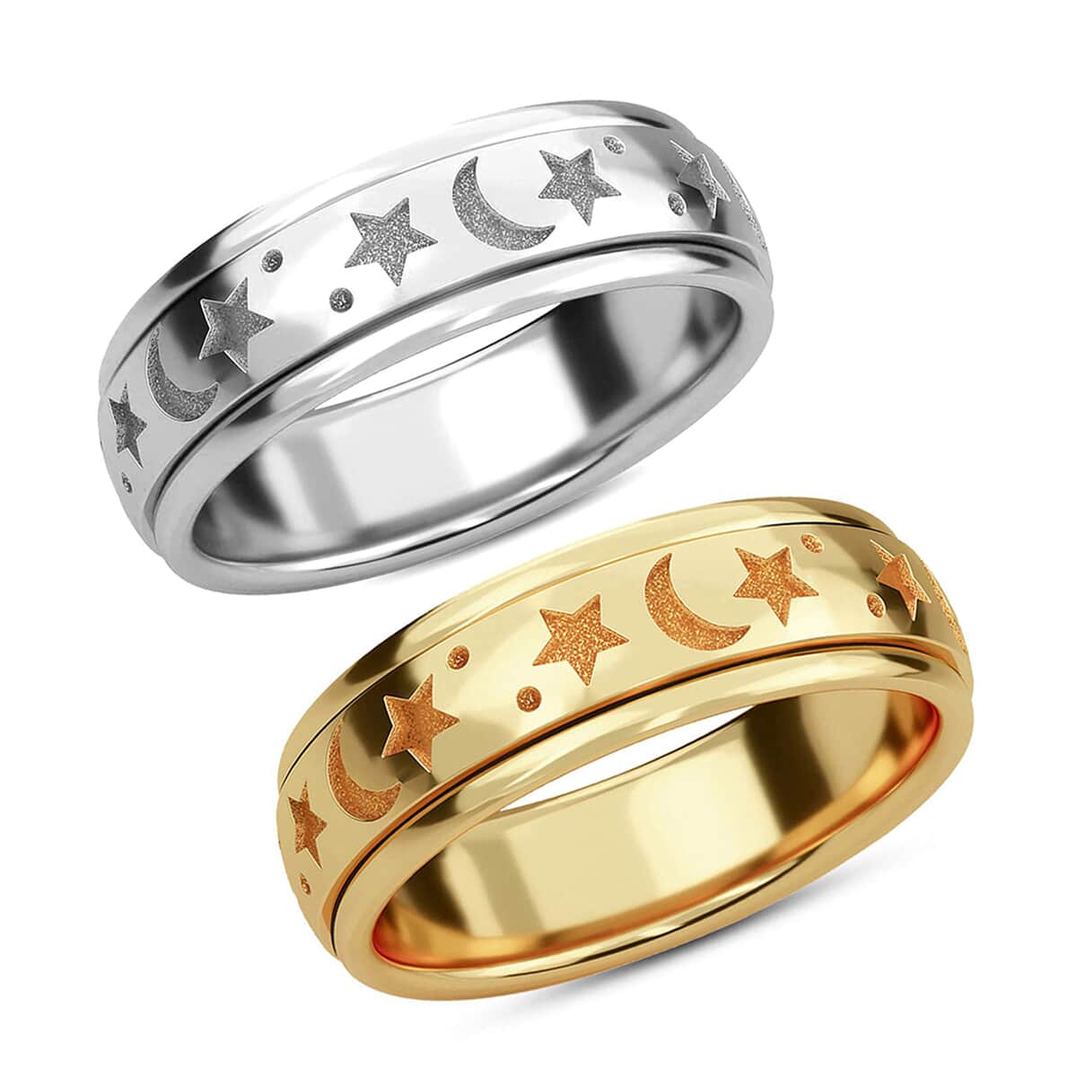 Set of 2 Vermeil YG Over and Sterling Silver Moon Star Fidget Spinner Ring for Anxiety (Size 6.0) (9.0 g) image number 0