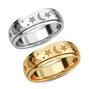 Set of 2 Vermeil Yellow Gold Over and Sterling Silver Moon Star Fidget Spinner Ring for Anxiety (Size 6.0) 9 Grams