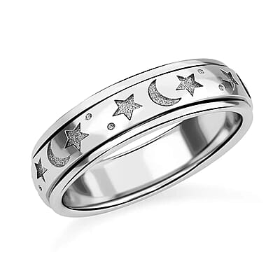 Set of 2 Vermeil Yellow Gold Over and Sterling Silver Moon Star Fidget Spinner Ring for Anxiety (Size 6.0) 9 Grams