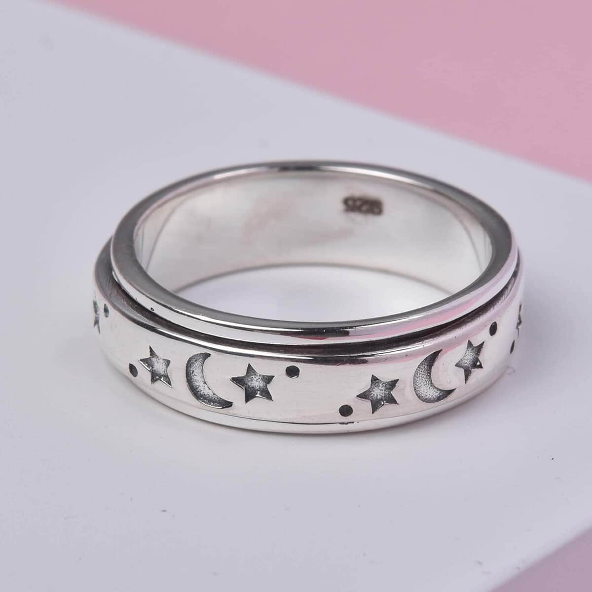 Set of 2 Vermeil YG Over and Sterling Silver Moon Star Fidget Spinner Ring for Anxiety (Size 6.0) (9.0 g) image number 2