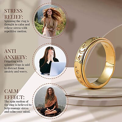 Set of 2 Vermeil Yellow Gold Over and Sterling Silver Moon Star Fidget Spinner Ring for Anxiety (Size 6.0) 9 Grams