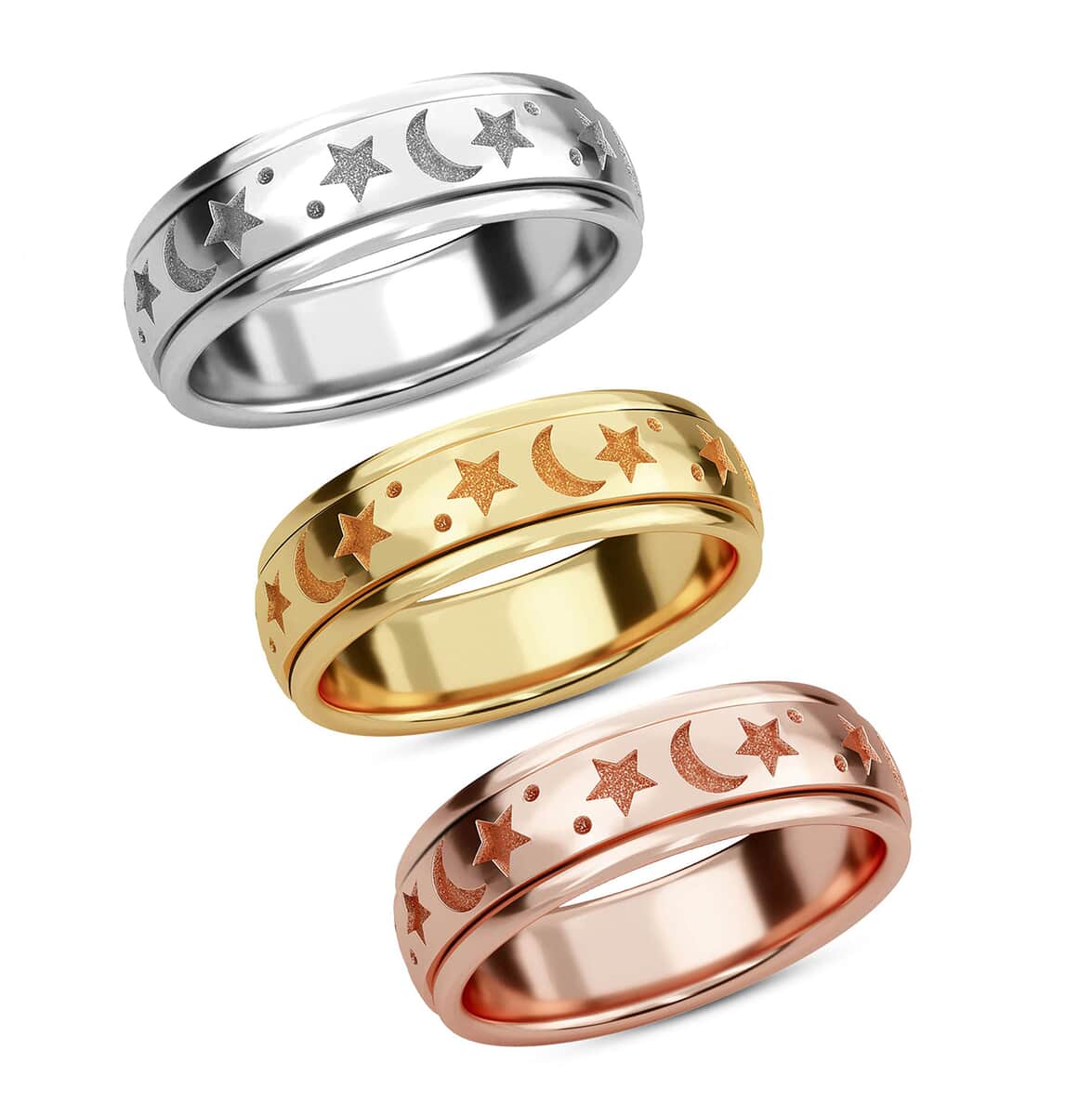 Set of 3 Vermeil Yellow Rose Gold Over and Sterling Silver Moon Star Fidget Spinner Ring for Anxiety (Size 5.0) 13.50 Grams image number 0
