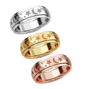 Set of 3 Vermeil Yellow Rose Gold Over and Sterling Silver Moon Star Fidget Spinner Ring for Anxiety (Size 5.0) 13.50 Grams