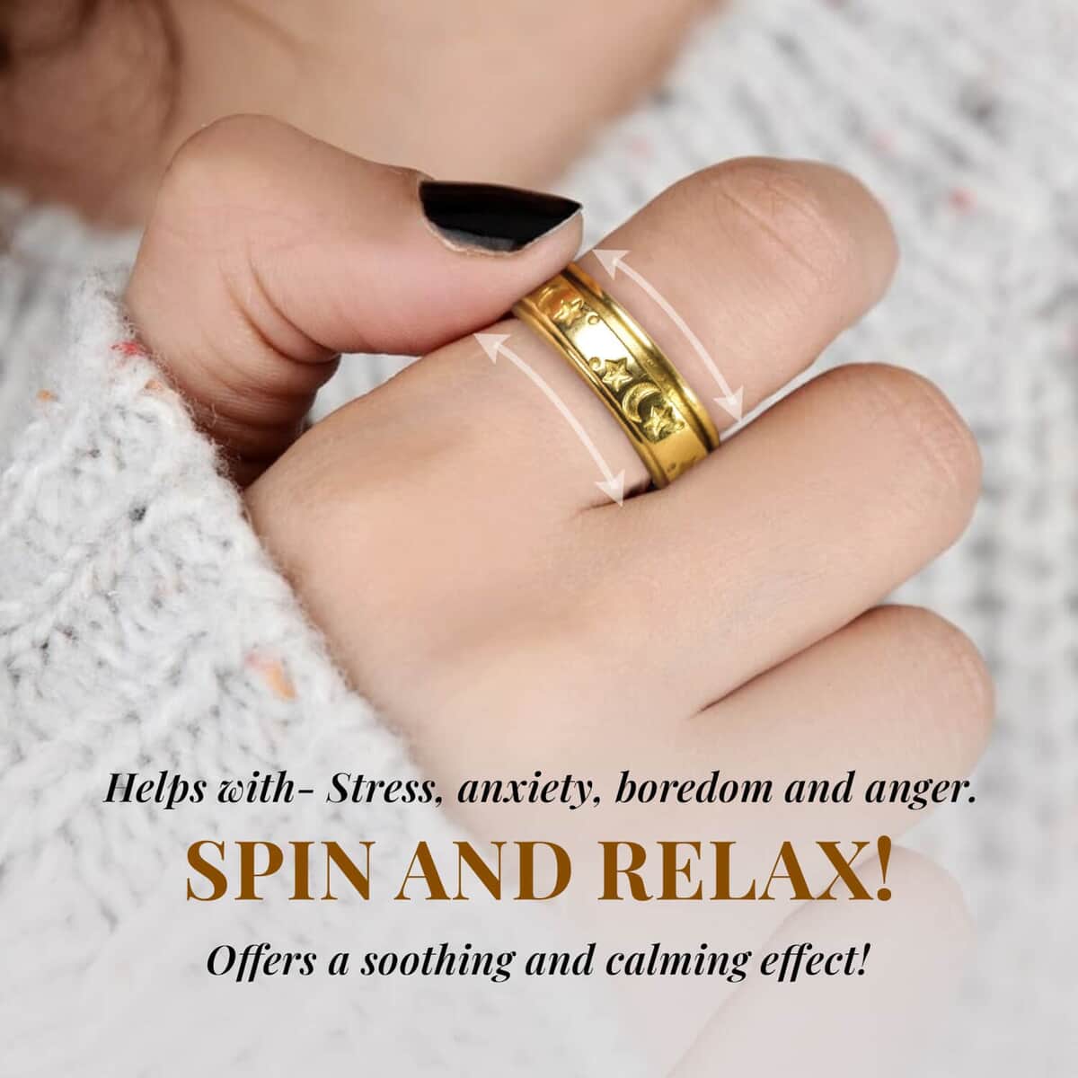 Set of 3 Vermeil Yellow Rose Gold Over and Sterling Silver Moon Star Fidget Spinner Ring for Anxiety (Size 5.0) 13.50 Grams image number 5