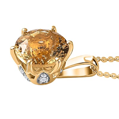 Brazilian Citrine and White Zircon Pendant Necklace 20 Inches in Vermeil Yellow Gold Over Sterling Silver 6.20 ctw