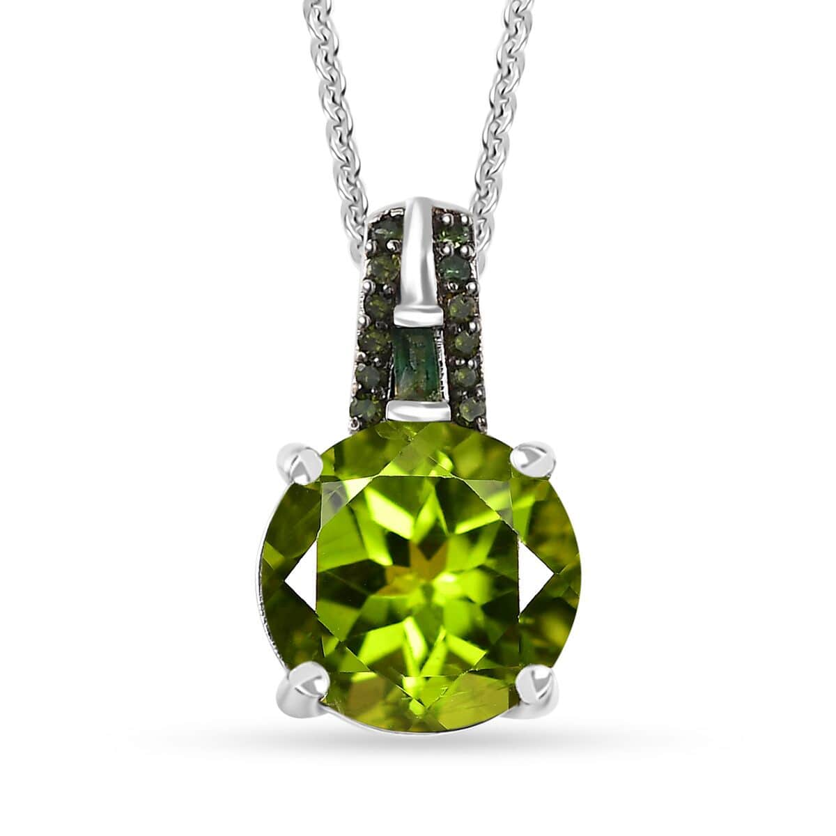 Peridot and Green Diamond Pendant Necklace 20 Inches in Rhodium Over Sterling Silver 4.35 ctw image number 0