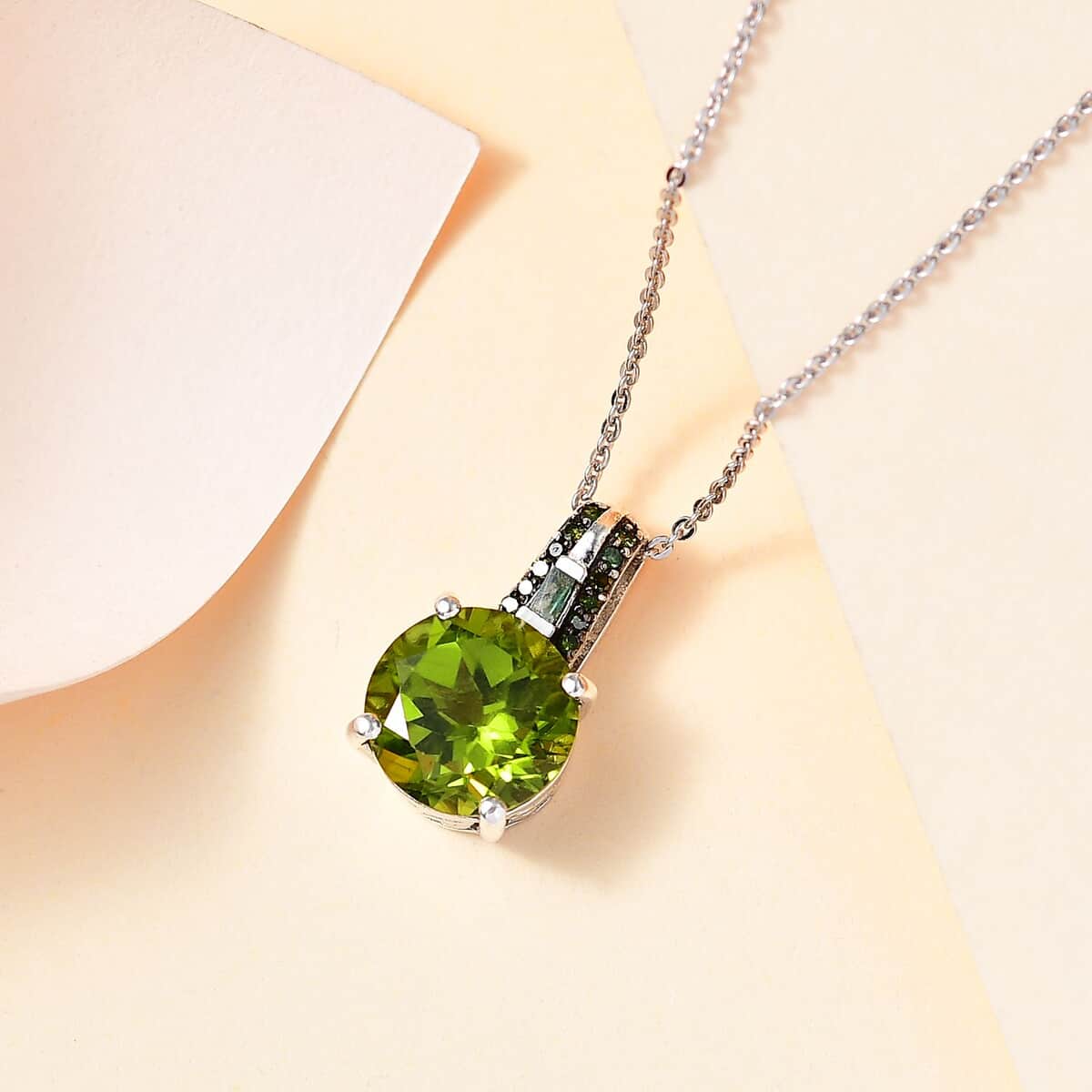 Peridot and Green Diamond Pendant Necklace 20 Inches in Rhodium Over Sterling Silver 4.35 ctw image number 1