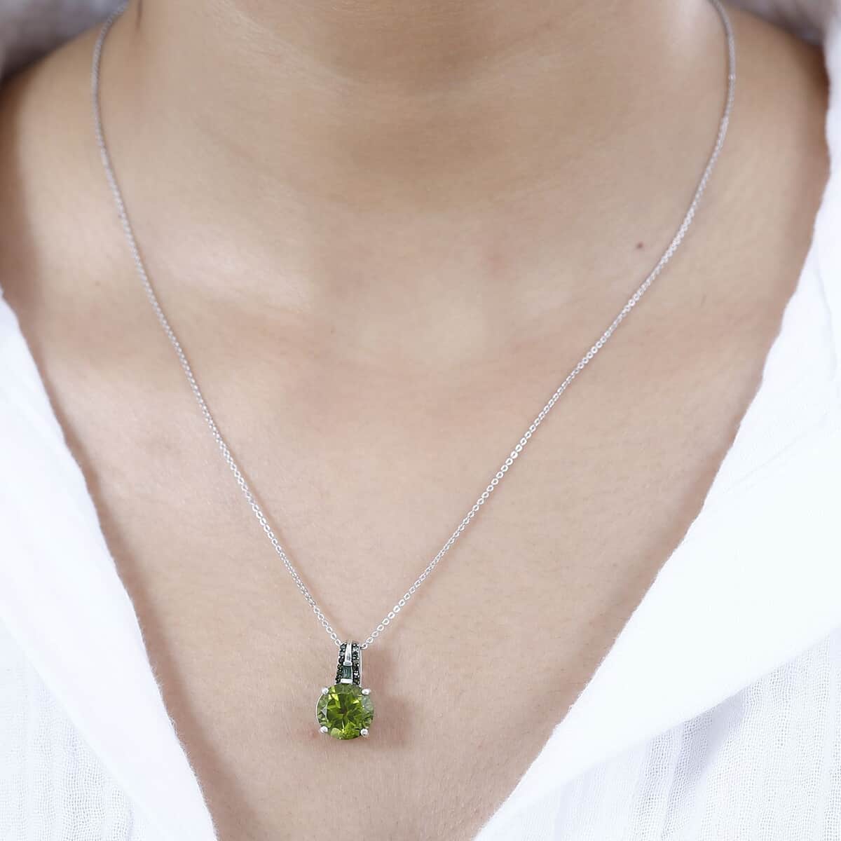 Peridot and Green Diamond Pendant Necklace 20 Inches in Rhodium Over Sterling Silver 4.35 ctw image number 2