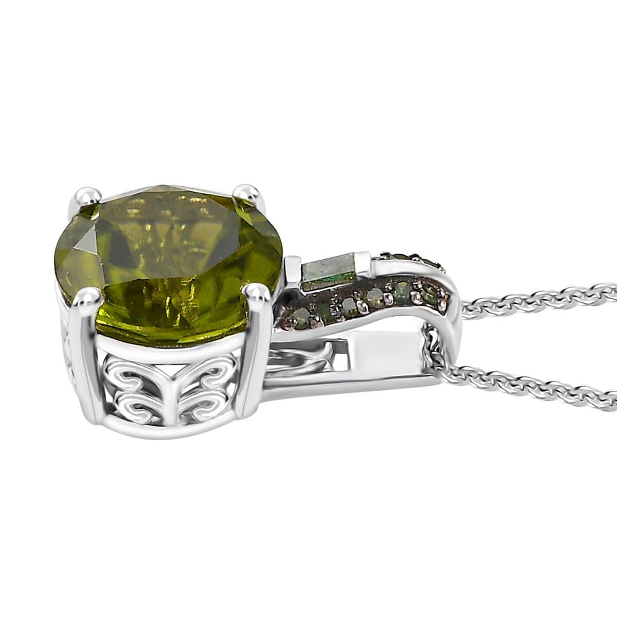 Peridot and Green Diamond Pendant Necklace 20 Inches in Rhodium Over Sterling Silver 4.35 ctw image number 3