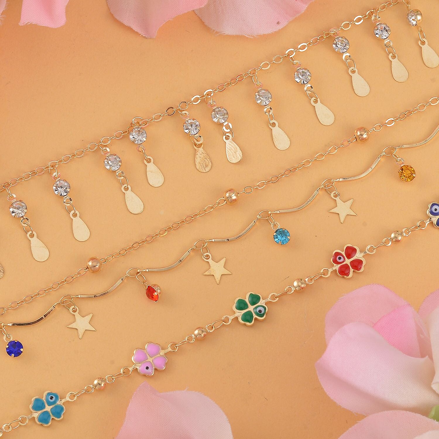 Multi Color Austrian Crystal Set of 3 Anklet in Goldtone (9 In)