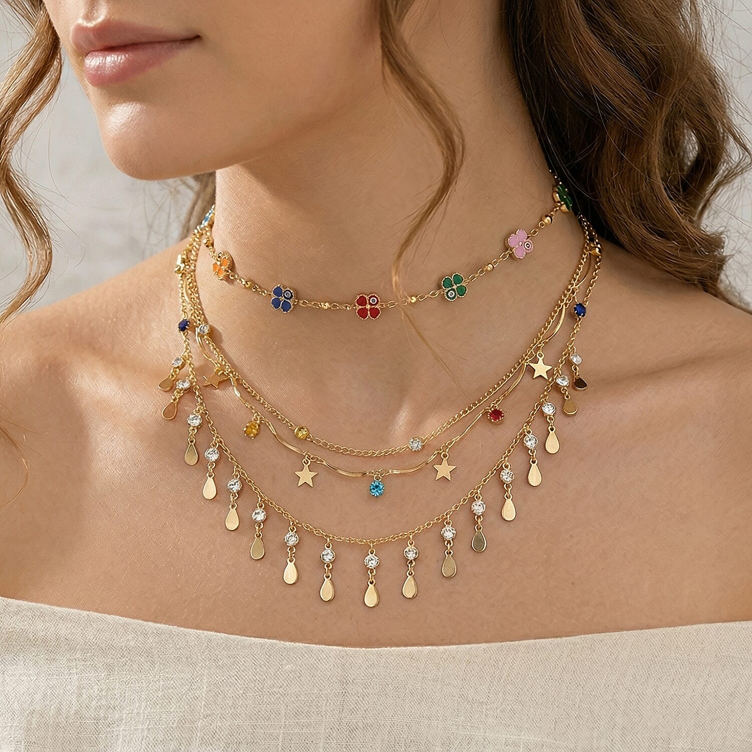 Multi Color Austrian Crystal Set of 3 Anklet in Goldtone (9 In)