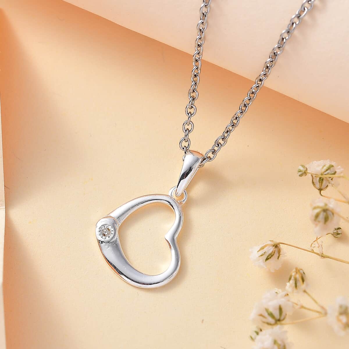 Diamond Accent Heart Pendant in Sterling Silver with Stainless Steel Necklace 20 Inches image number 1