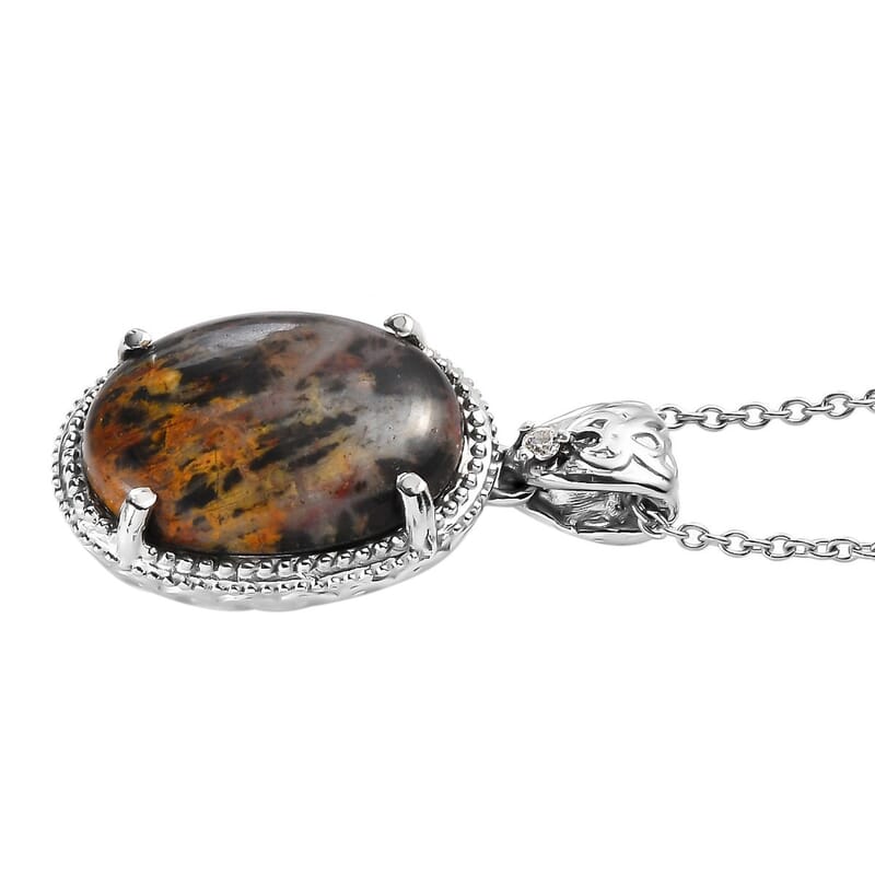 Australian Pilbara Jasper and White Zircon Pendant Necklace 20 Inches in Stainless Steel 11.50 ctw