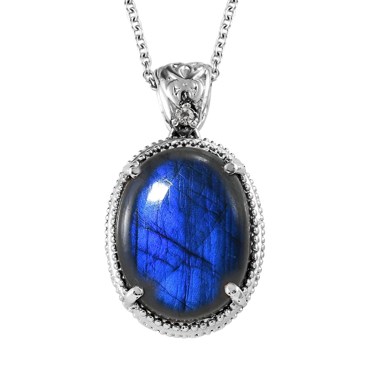 Malagasy Labradorite and White Zircon Pendant Necklace 20 Inches in Stainless Steel 15.90 ctw image number 0