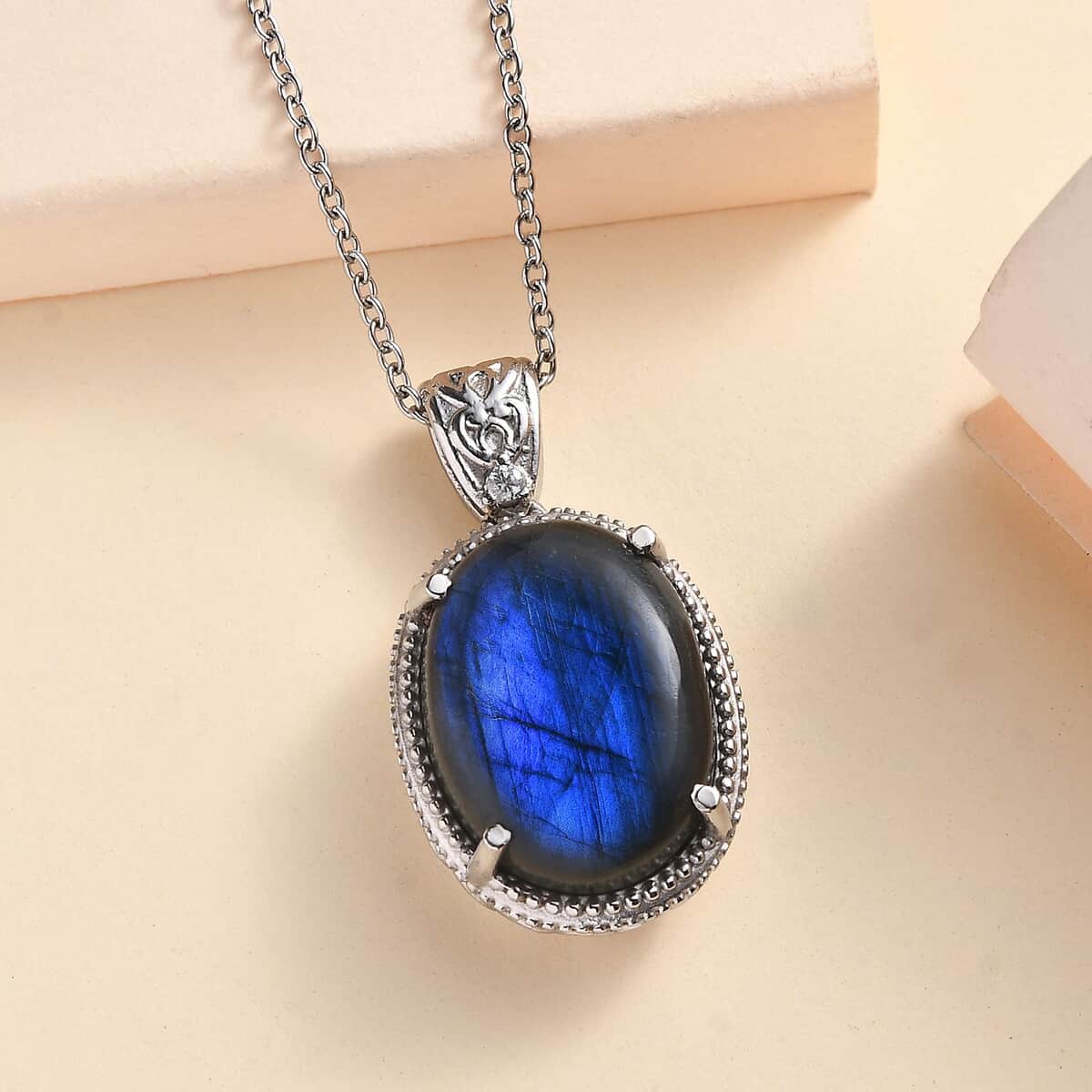 Malagasy Labradorite and White Zircon Pendant Necklace 20 Inches in Stainless Steel 15.90 ctw image number 1