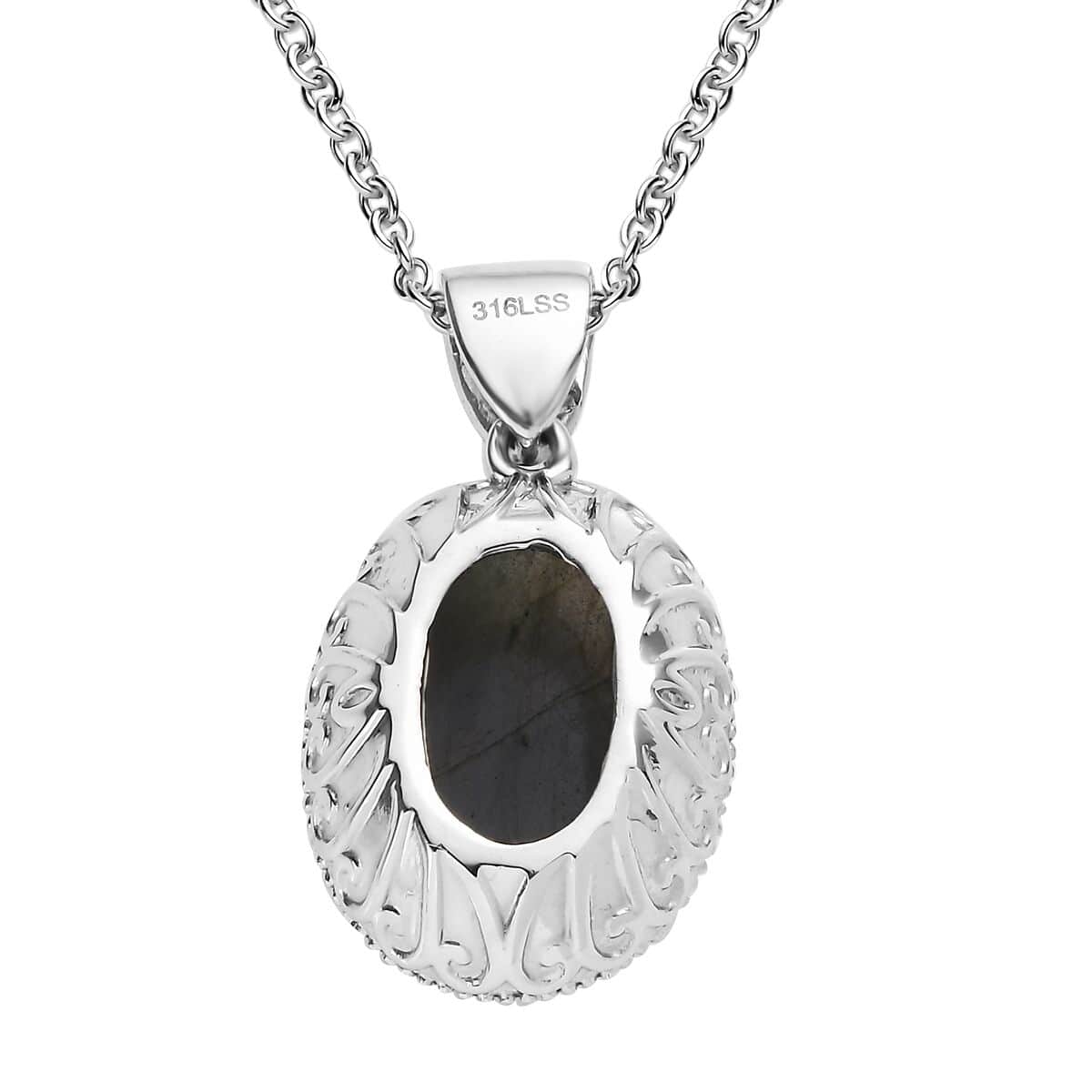 Malagasy Labradorite and White Zircon Pendant Necklace 20 Inches in Stainless Steel 15.90 ctw image number 5