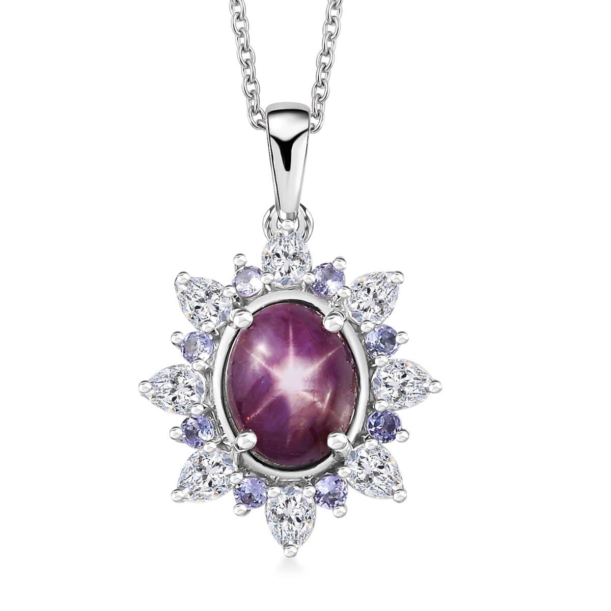 Indian Star Ruby and Multi Gemstone Star Burst Pendant Necklace 20 Inches in Rhodium Over Sterling Silver 6.85 ctw image number 0