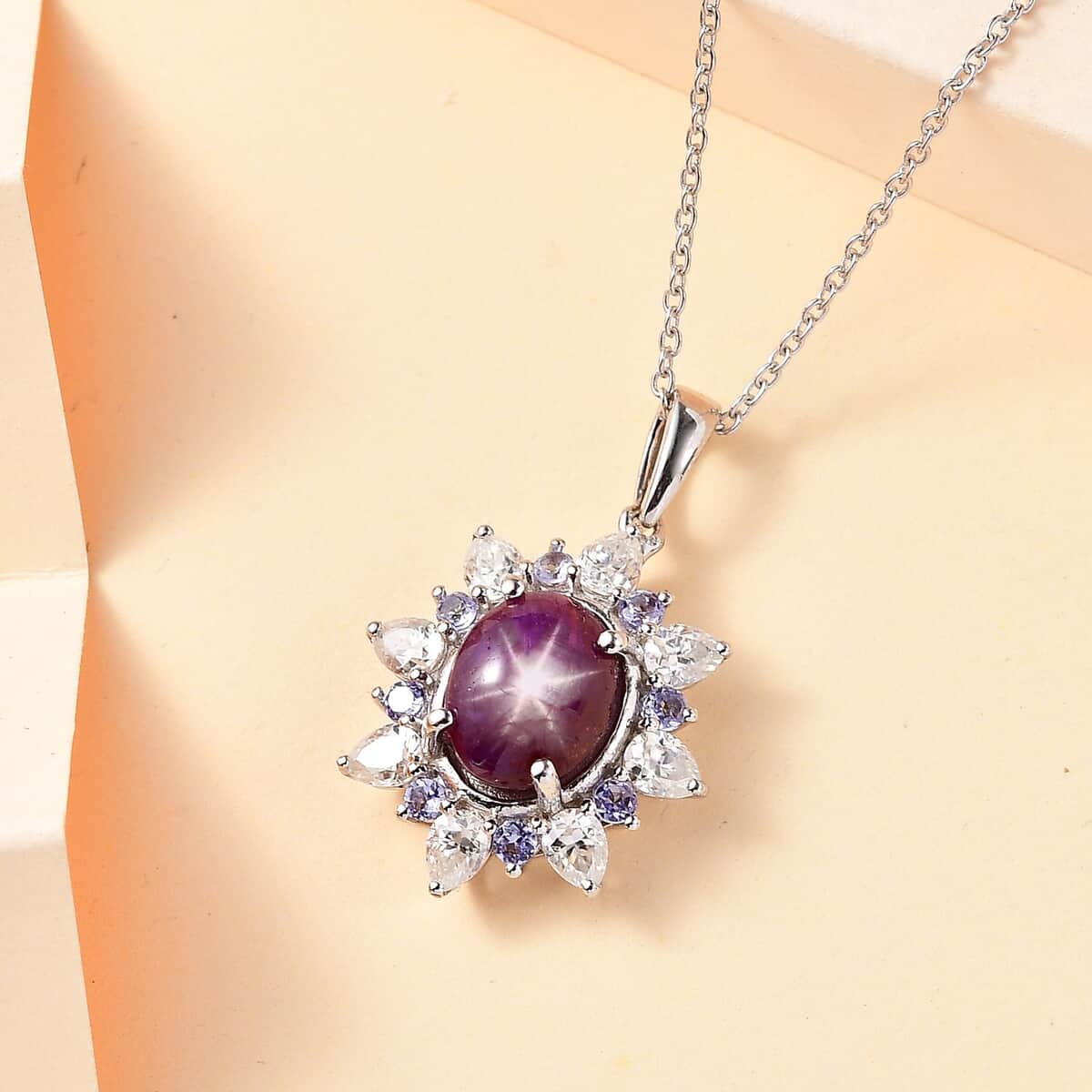 Indian Star Ruby and Multi Gemstone Star Burst Pendant Necklace 20 Inches in Rhodium Over Sterling Silver 6.85 ctw image number 1