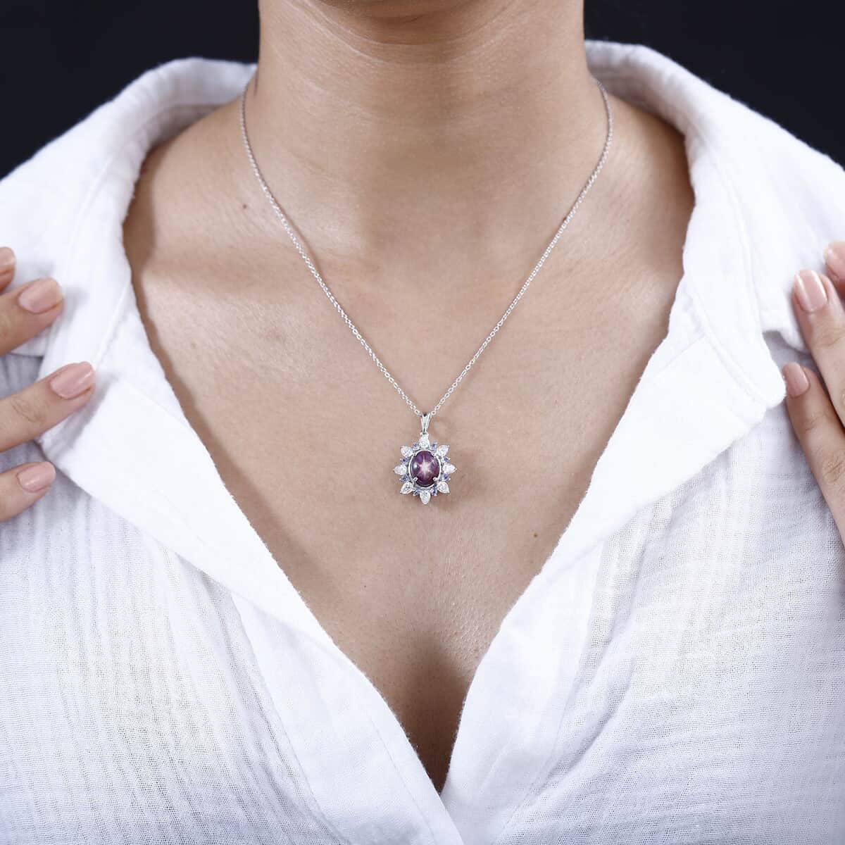 Indian Star Ruby and Multi Gemstone Star Burst Pendant Necklace 20 Inches in Rhodium Over Sterling Silver 6.85 ctw image number 2