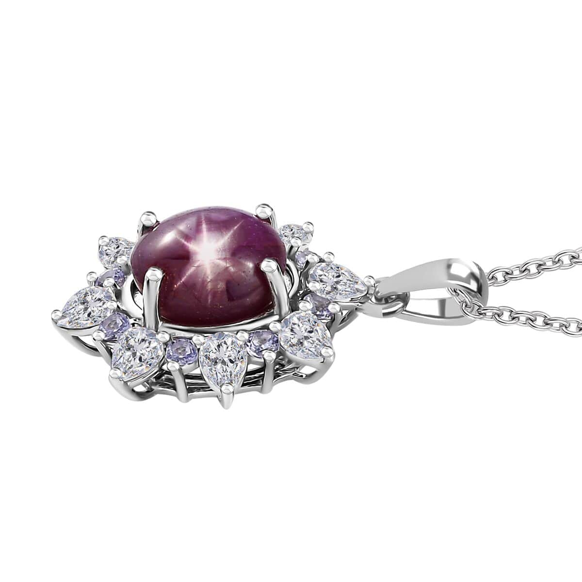 Indian Star Ruby and Multi Gemstone Star Burst Pendant Necklace 20 Inches in Rhodium Over Sterling Silver 6.85 ctw image number 3