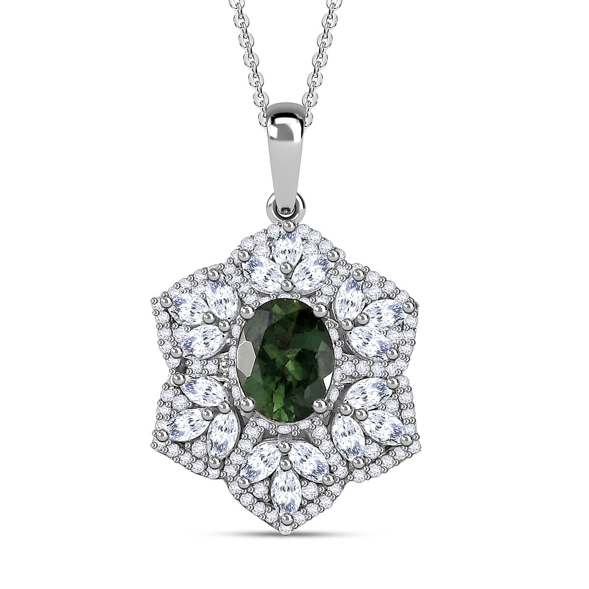 Andranomaro Green Apatite and Moissanite Flower Pendant Necklace 20 Inches in Rhodium Over Sterling Silver 4.10 ctw