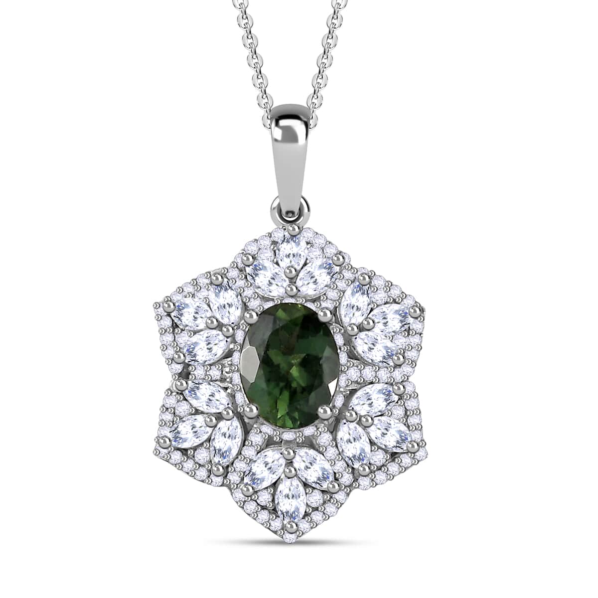 Andranomaro Green Apatite and Moissanite Flower Pendant Necklace 20 Inches in Rhodium Over Sterling Silver 4.10 ctw image number 0