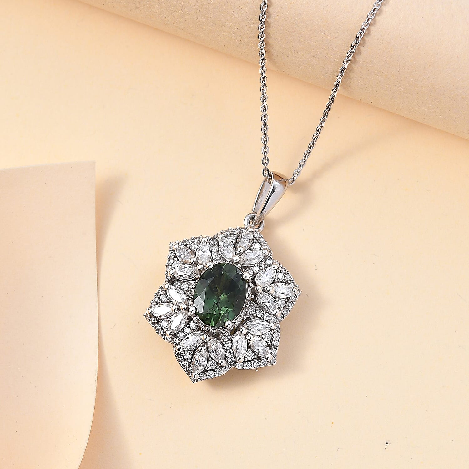 Andranomaro Green Apatite and Moissanite Flower Pendant Necklace 20 Inches in Rhodium Over Sterling Silver 4.10 ctw