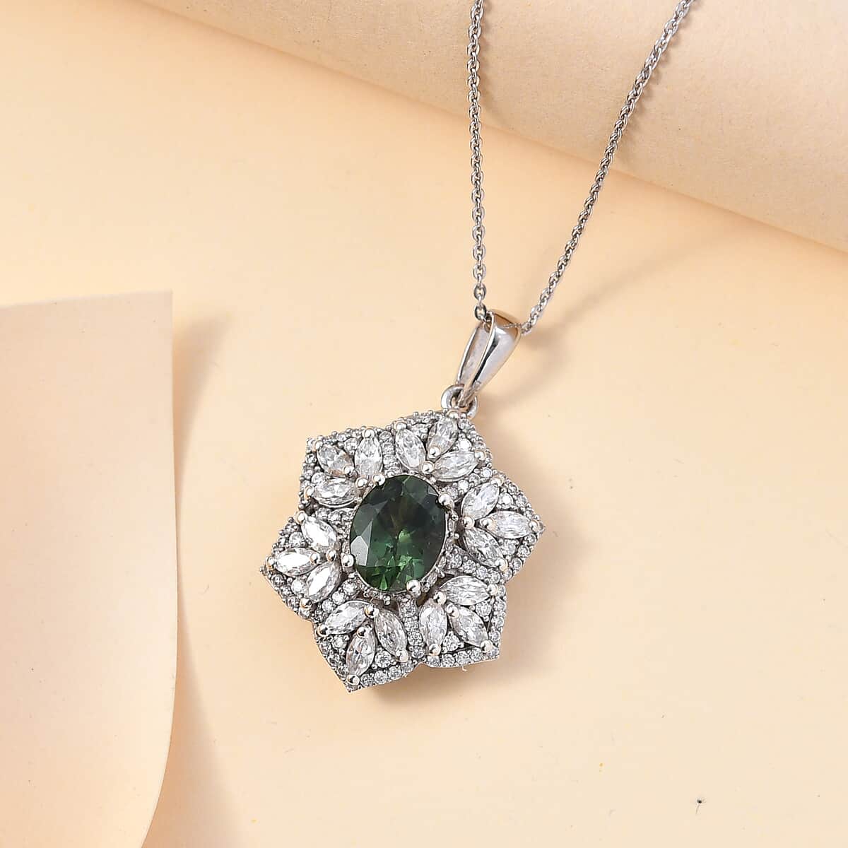 Andranomaro Green Apatite and Moissanite Flower Pendant Necklace 20 Inches in Rhodium Over Sterling Silver 4.10 ctw image number 1
