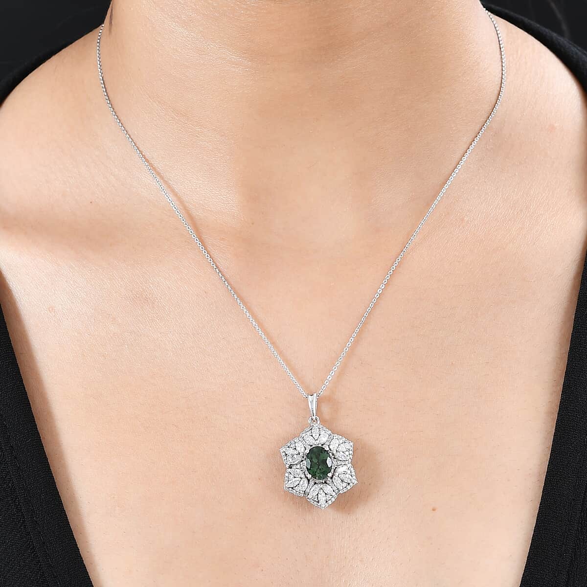 Andranomaro Green Apatite and Moissanite Flower Pendant Necklace 20 Inches in Rhodium Over Sterling Silver 4.10 ctw image number 2