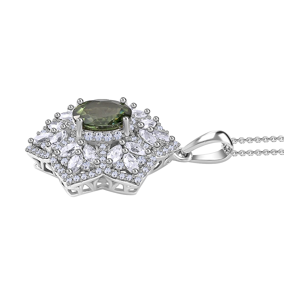 Andranomaro Green Apatite and Moissanite Flower Pendant Necklace 20 Inches in Rhodium Over Sterling Silver 4.10 ctw