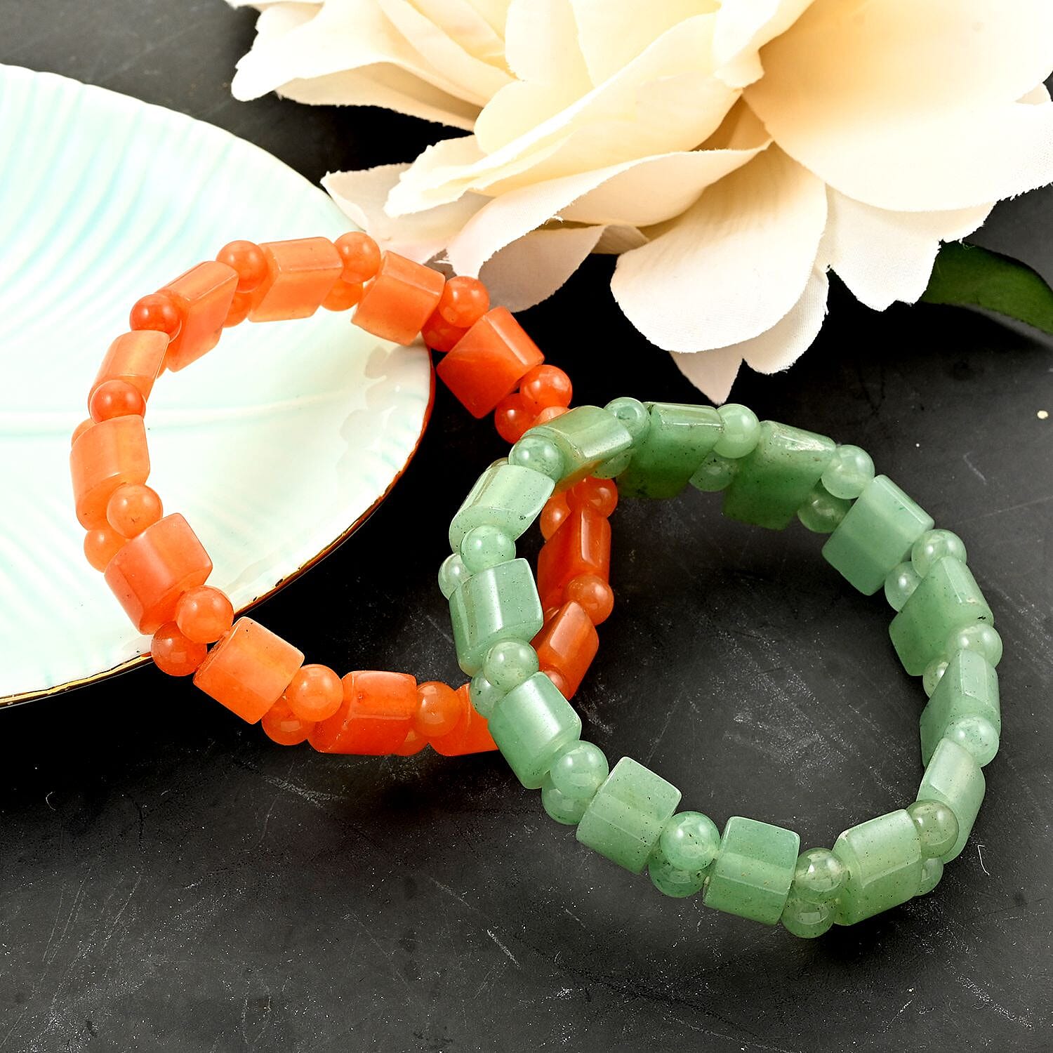 Set of 2 Green Aventurine and Red Aventurine Beaded Stretch Bracelet 302.50 ctw