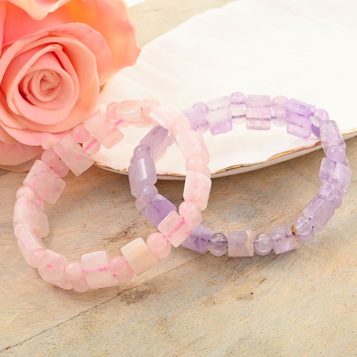 Set of 2 Rose Quartz and Amethyst Stretch Bracelet 276.00 ctw image number 1