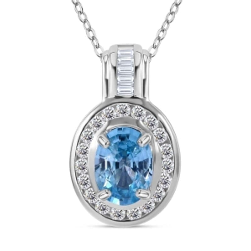 Blue Zircon and White Zircon Pendant 3.52 ctw Necklace in Rhodium Over Sterling Silver 20 Inches