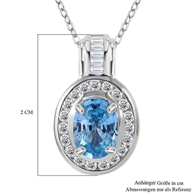 Blue Zircon and White Zircon Pendant 3.52 ctw Necklace in Rhodium Over Sterling Silver 20 Inches