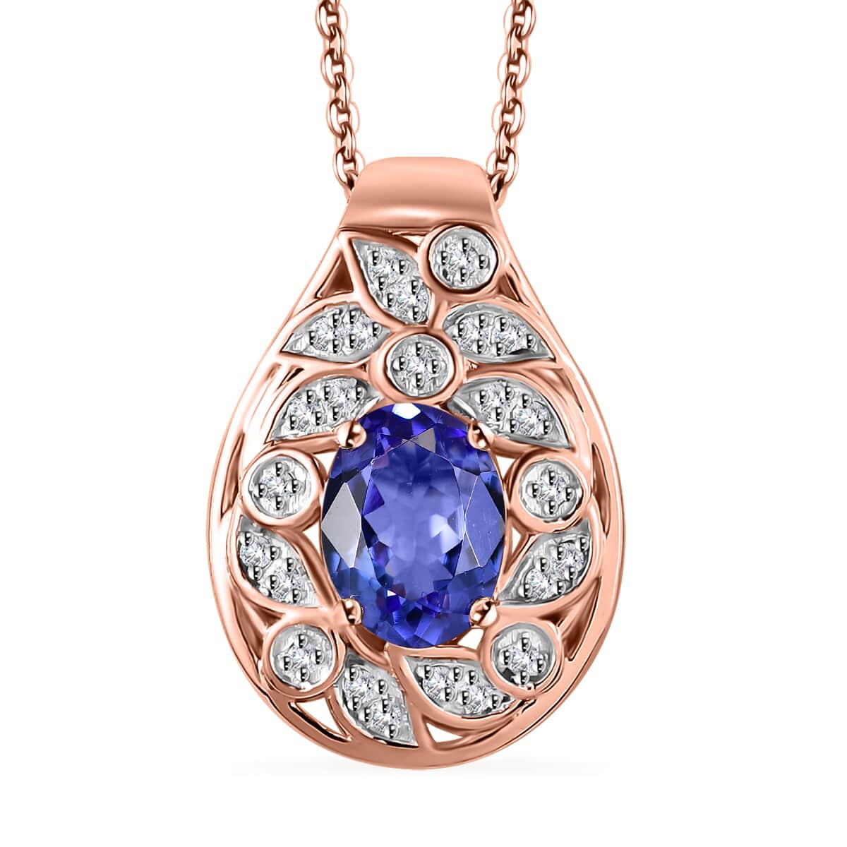 Tanzanite and Uncut Natural Pink Diamond 1.40 ctw Leaves Pendant Necklace in 18K Vermeil Rose Gold Over Sterling Silver 20 Inches image number 0