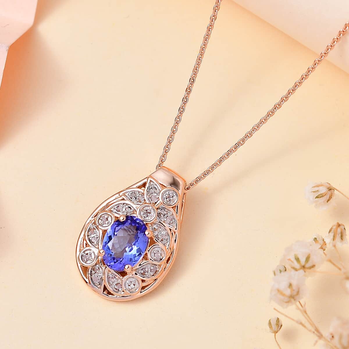 Tanzanite and Uncut Natural Pink Diamond 1.40 ctw Botanical Bliss Pendant Necklace in 18K Vermeil Rose Gold Over Sterling Silver 20 Inches image number 1