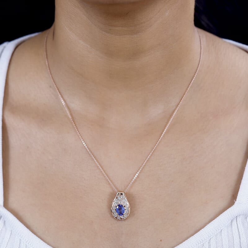 Tanzanite, Uncut Natural Pink Diamond (0.15 cts) Botanical Bliss Pendant Necklace (20 Inches) in 18K Vermeil RG Over Sterling Silver 1.40 ctw
