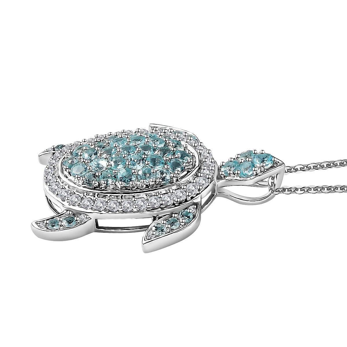 Betroka Blue Apatite and White Zircon Turtle Pendant Necklace 20 Inches in Rhodium Over Sterling Silver 2.10 ctw