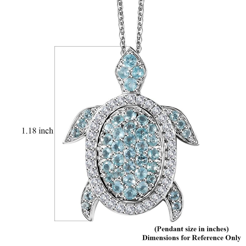 Betroka Blue Apatite and White Zircon Turtle Pendant Necklace 20 Inches in Rhodium Over Sterling Silver 2.10 ctw