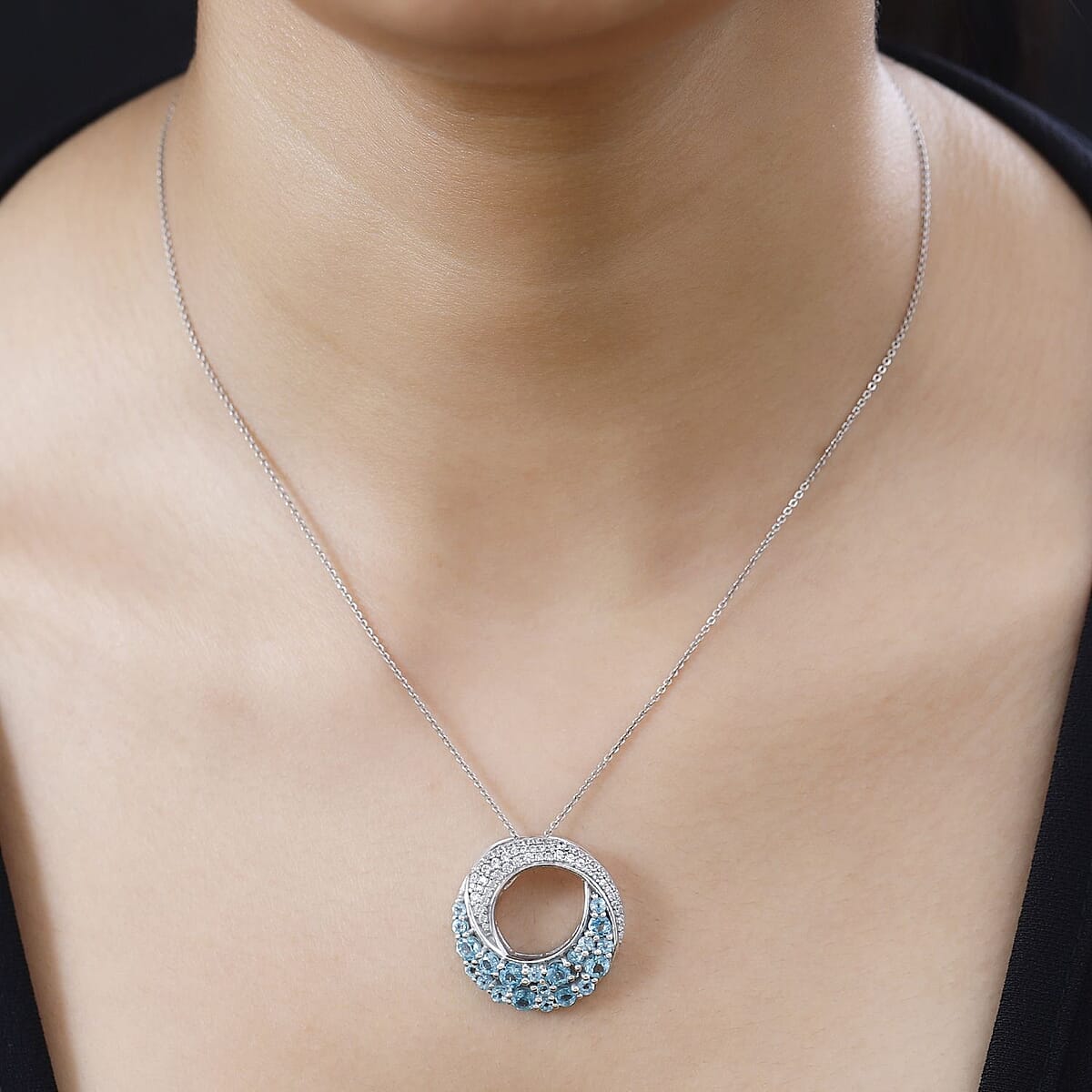 Betroka Blue Apatite and White Zircon Ocean Wave Pendant Necklace 20 Inches in Rhodium Over Sterling Silver 2.50 ctw image number 2