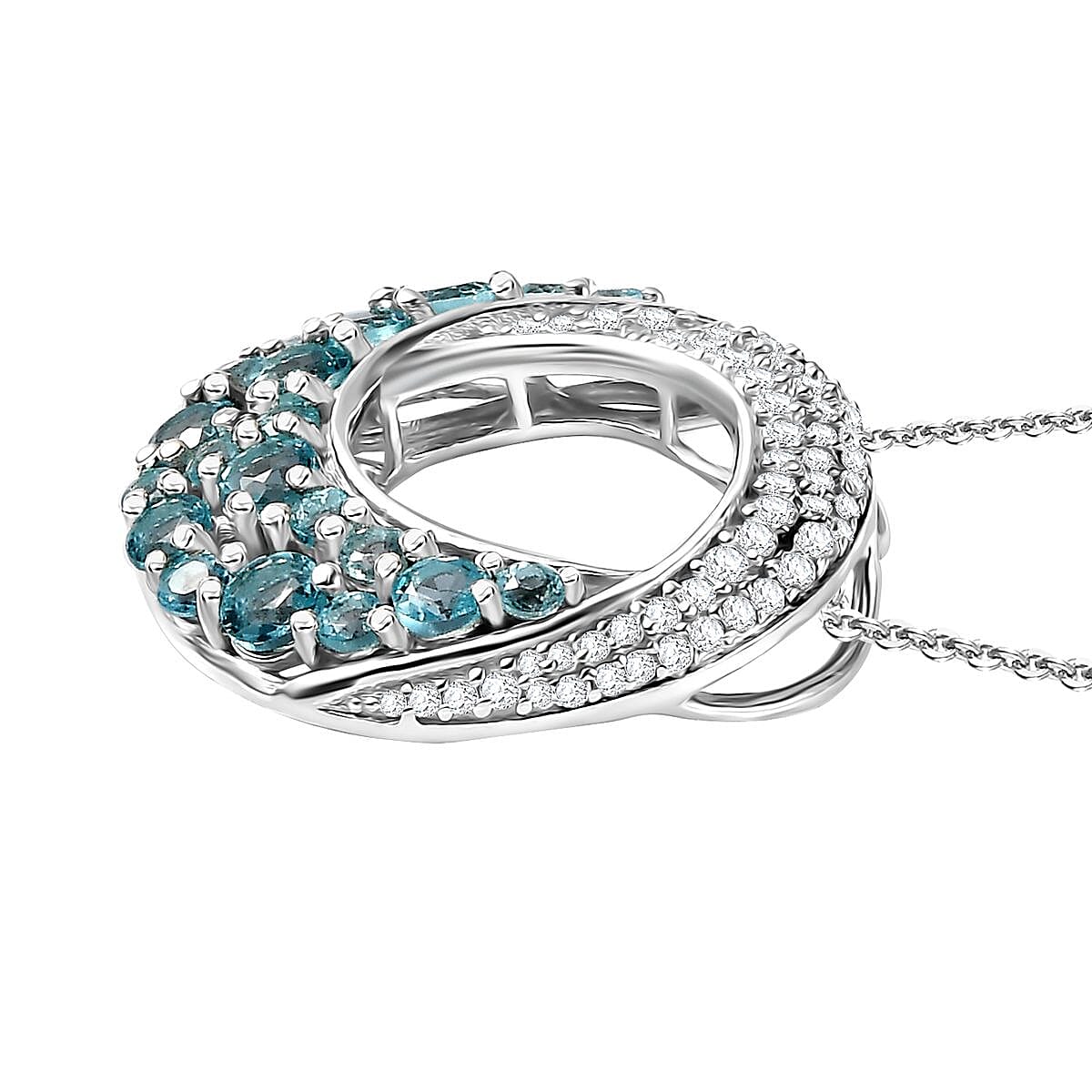 Betroka Blue Apatite and White Zircon Ocean Wave Pendant Necklace 20 Inches in Rhodium Over Sterling Silver 2.50 ctw image number 3