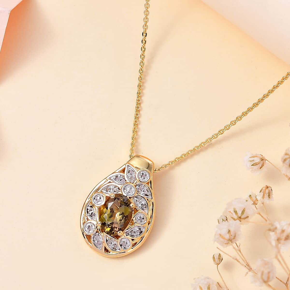 Golden Tanzanite and Uncut White Diamond 1.40 ctw Botanical Bliss Pendant Necklace in 18K Vermeil Yellow Gold Over Sterling Silver 20 Inches image number 1